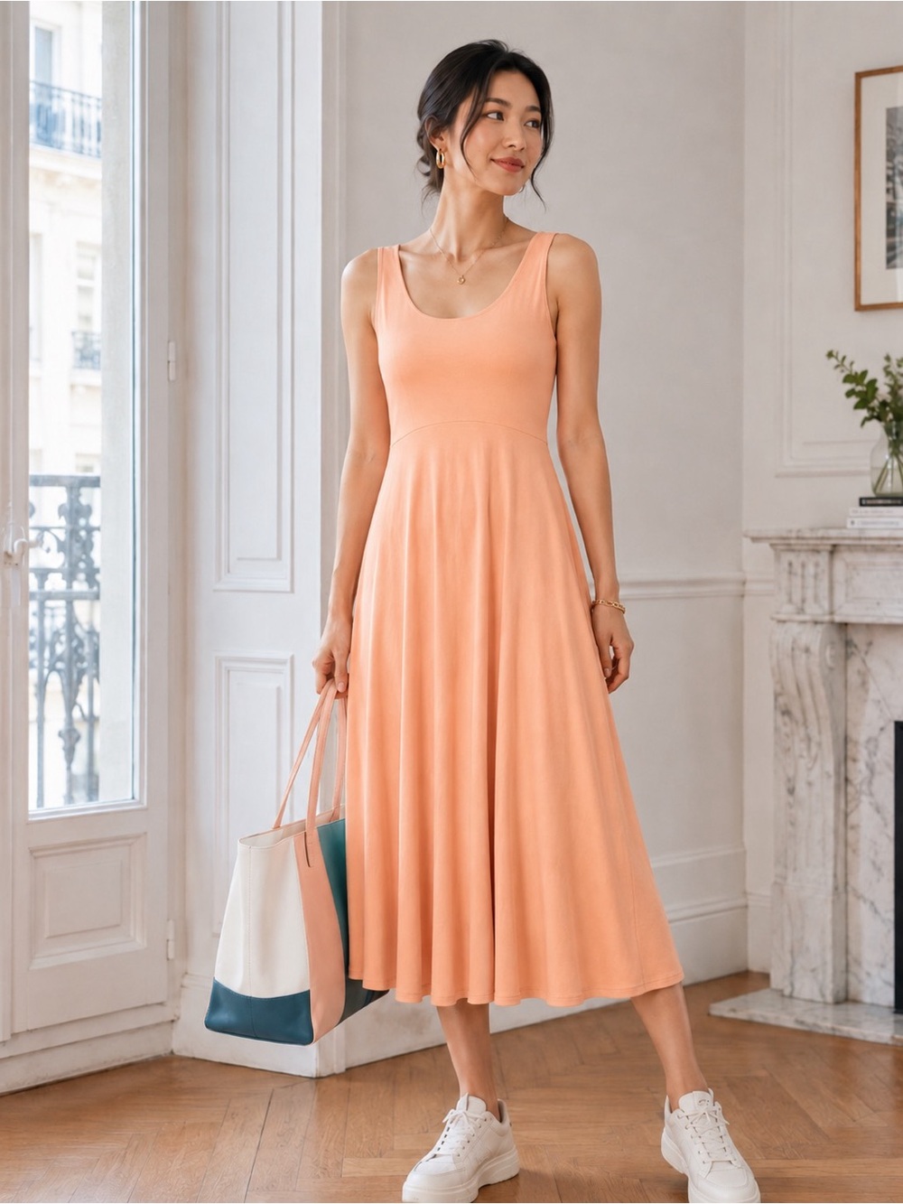 Athleta Cactus Peach Santorini Midi Dress, Size Medium